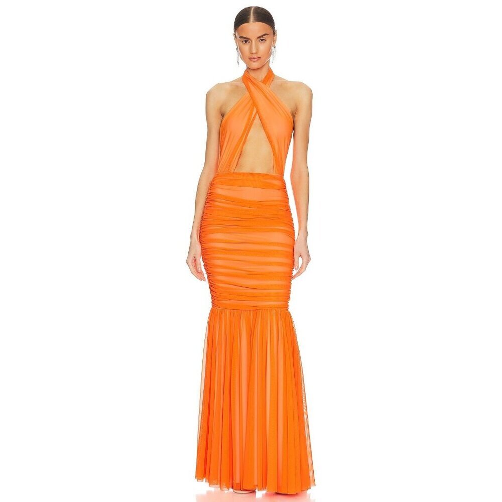Norma Kamali Cross Halter Fishtail Evening Gown Neon Orange Womens Size L 40